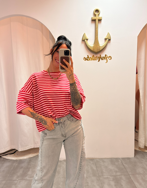 oversized streifenshirt rosa/rot