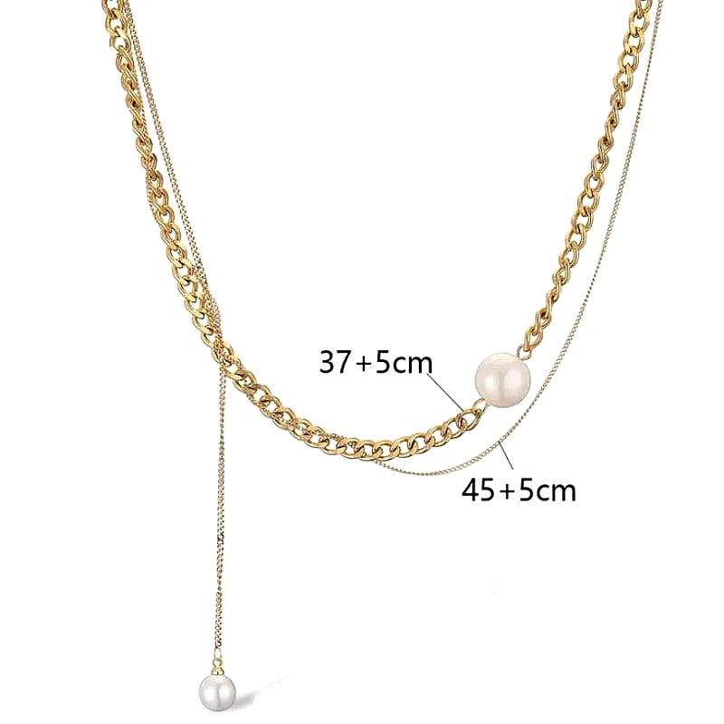 Zweireihige Edelstahlkette in Gold mit Perlen und Längenangabe