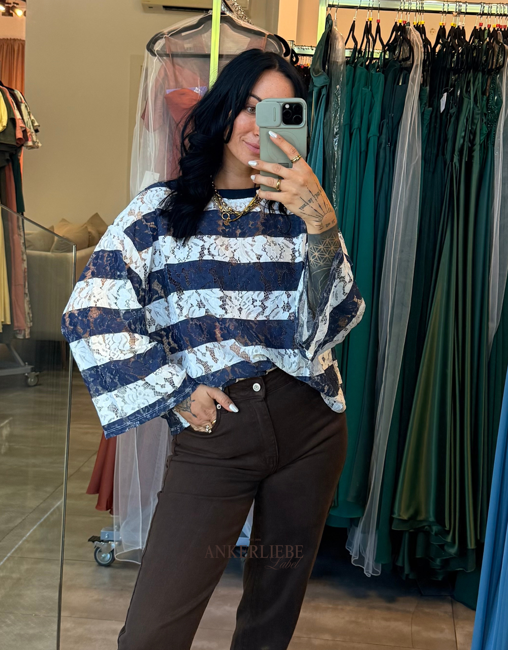 gestreiftes spitzen-shirt langarm | oversized | weiß/blau