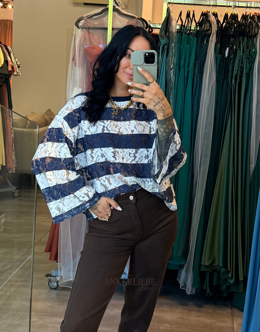 gestreiftes spitzen-shirt langarm | oversized | weiß/blau