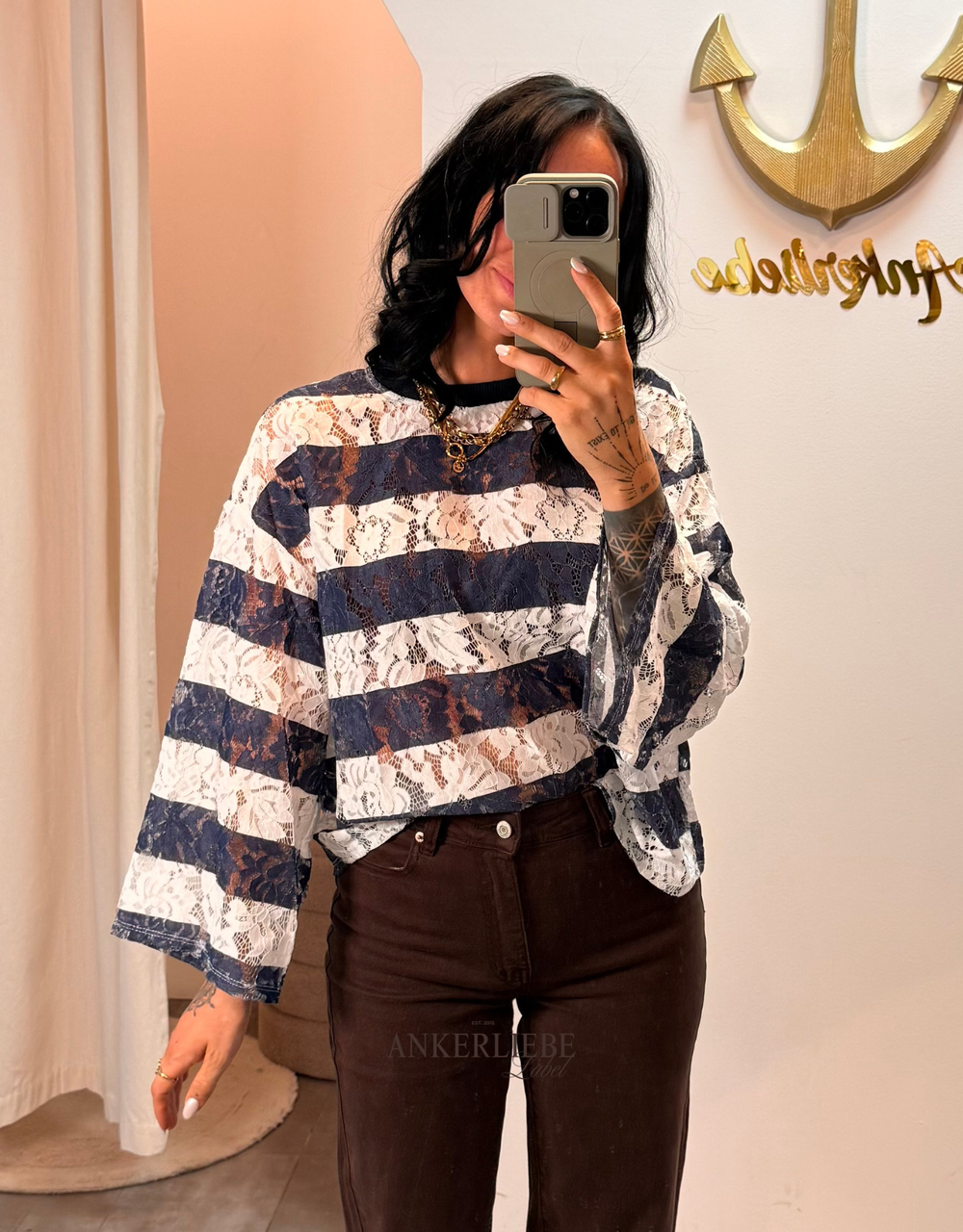 gestreiftes spitzen-shirt langarm | oversized | weiß/blau
