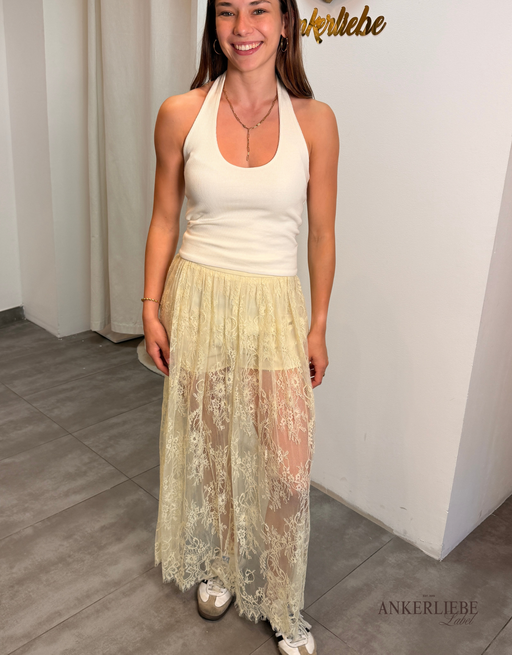 maxirock aus floraler spitze mit integrierter hose | butteryellow