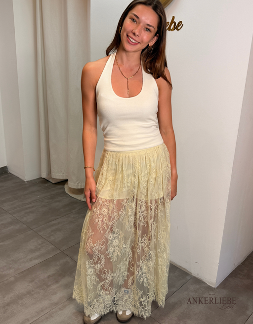 maxirock aus floraler spitze mit integrierter hose | butteryellow